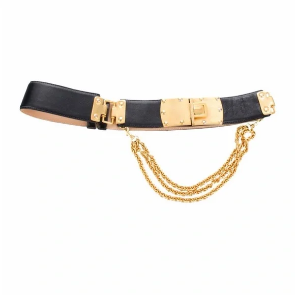 Donna Karan VTG Black Leather and Golden accents chains - Italy- Size Petite S - Picture 2 of 9